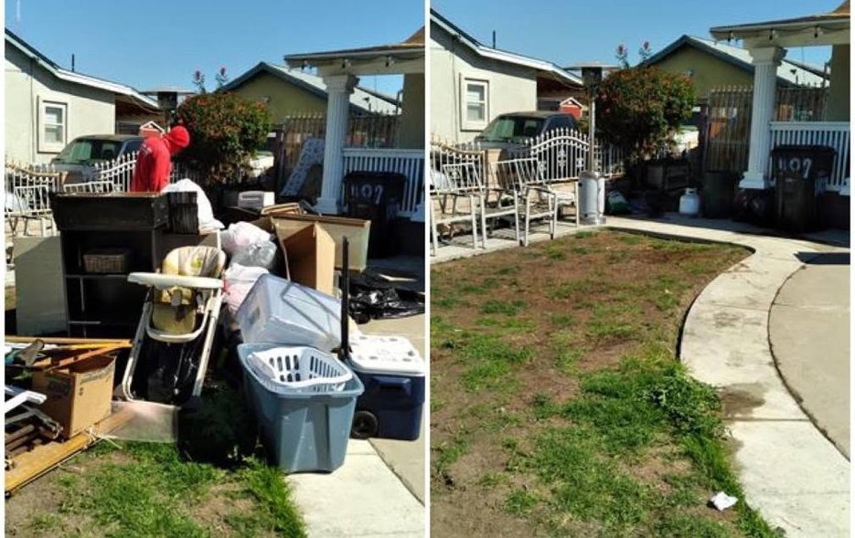 A front-yard property cleanout, before and after, by Junk Genies