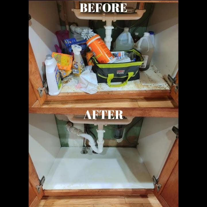Before and after: an under-sink cabinet cleared and wiped