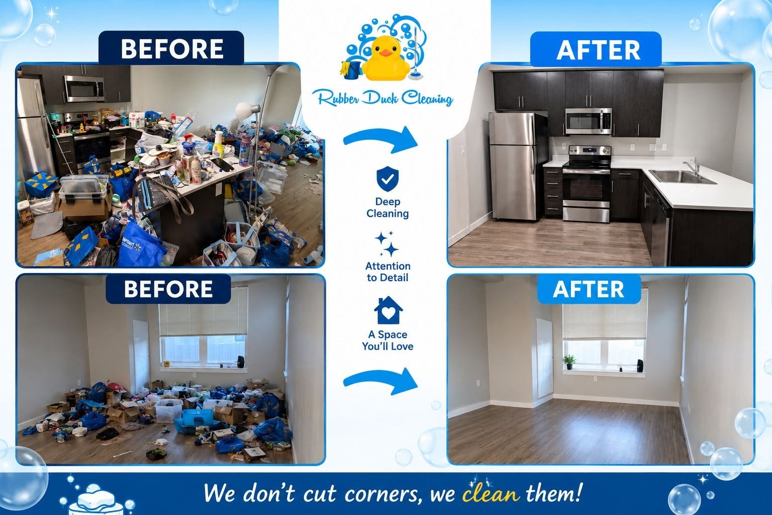 Rubber Duck Cleaning before-and-after: a cluttered apartment kitchen and room transformed into clean, move-in-ready spaces
