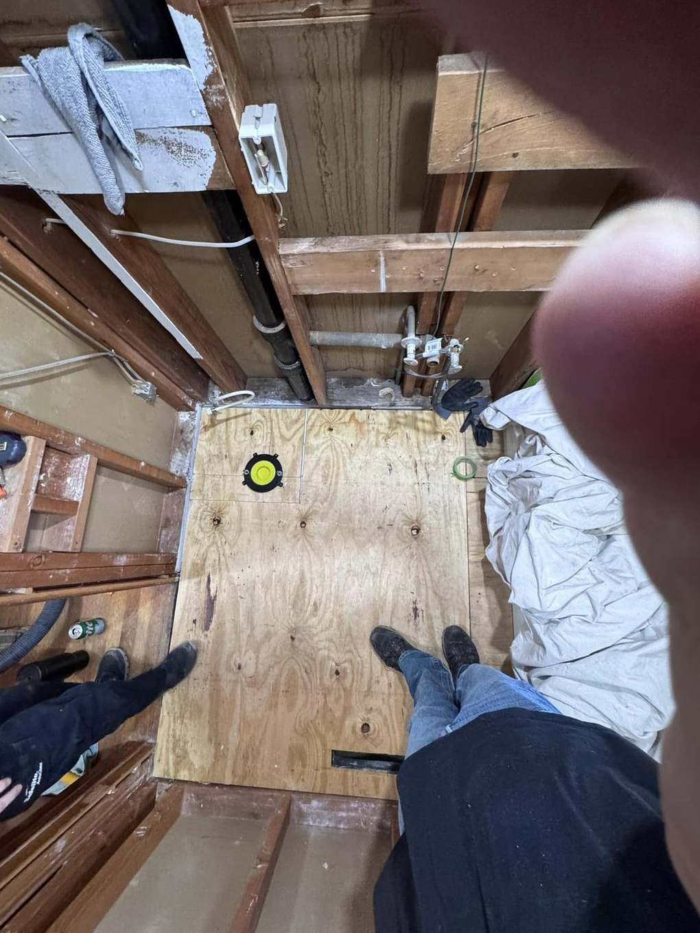 New plywood subfloor and plumbing rough-in