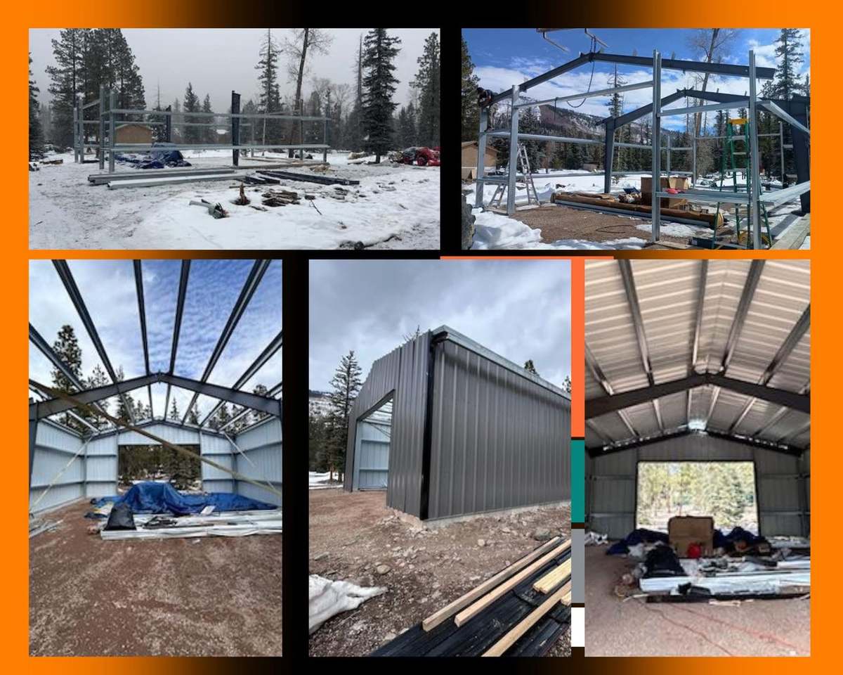 Steel-frame building from snowy start to finished metal shop