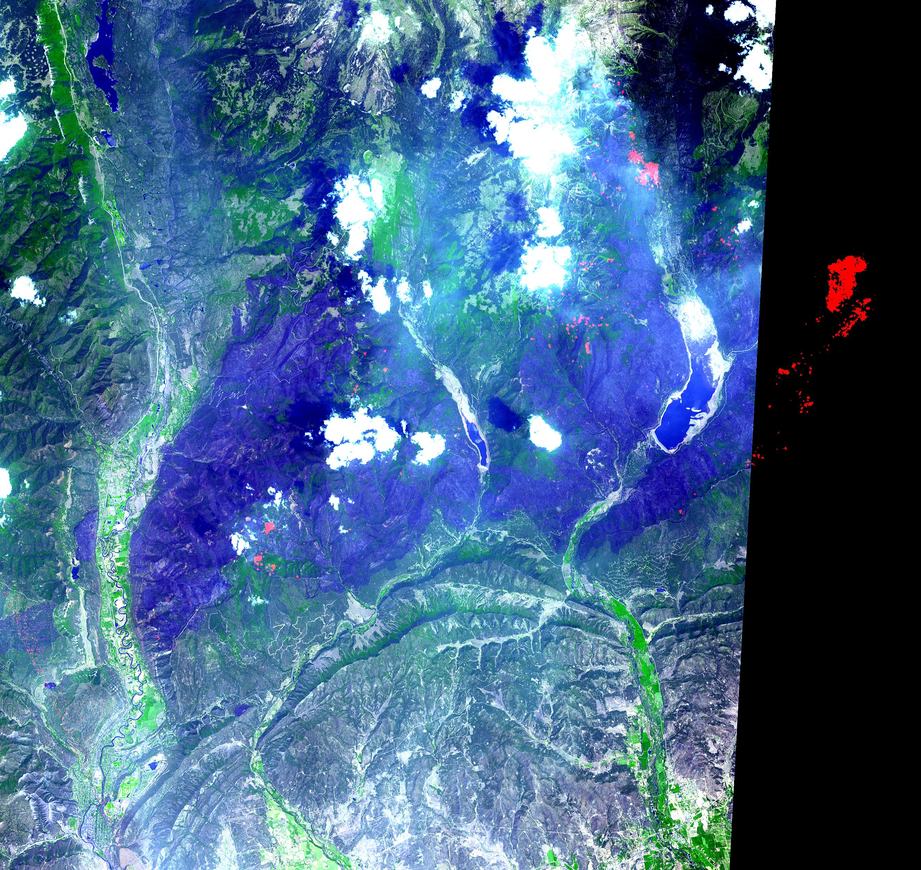 NASA ASTER satellite image of the Missionary Ridge burn scar and a low Vallecito Reservoir, June 30, 2002