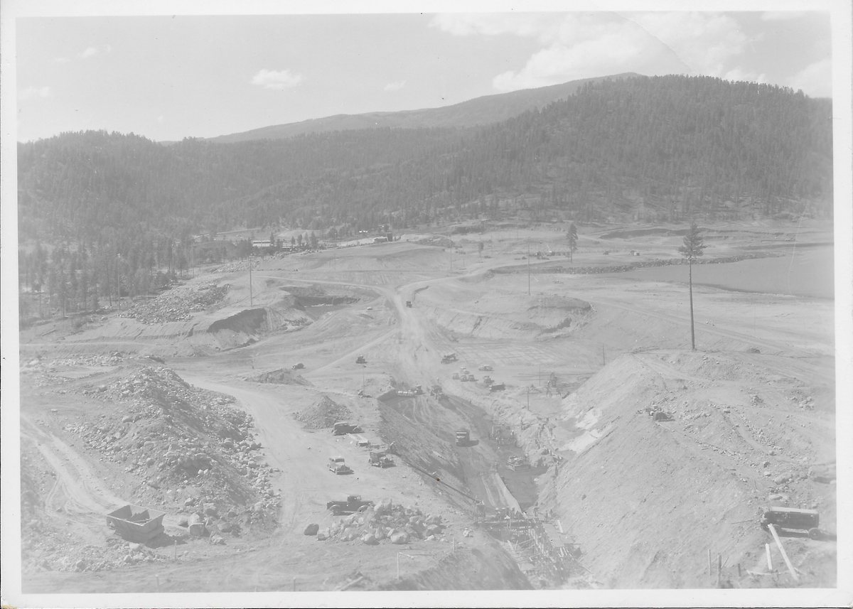 Aerial view of early Vallecito Dam construction, late 1930s
