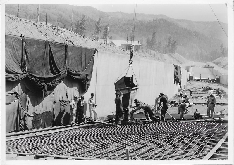 Concrete being poured to construct the Vallecito Dam spillway, around 1939 to 1940
