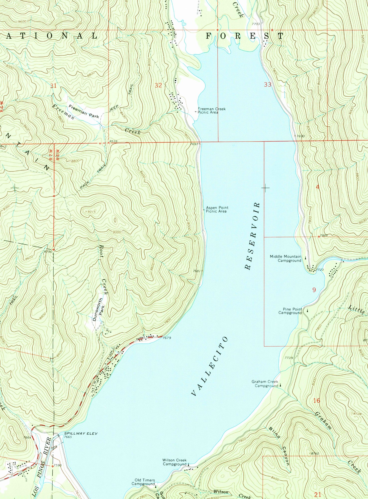 The 1964 USGS topographic map of Vallecito Reservoir, showing the whole lake from the dam and spillway at the south end to the Vallecito Creek inflow, with its campgrounds and picnic areas