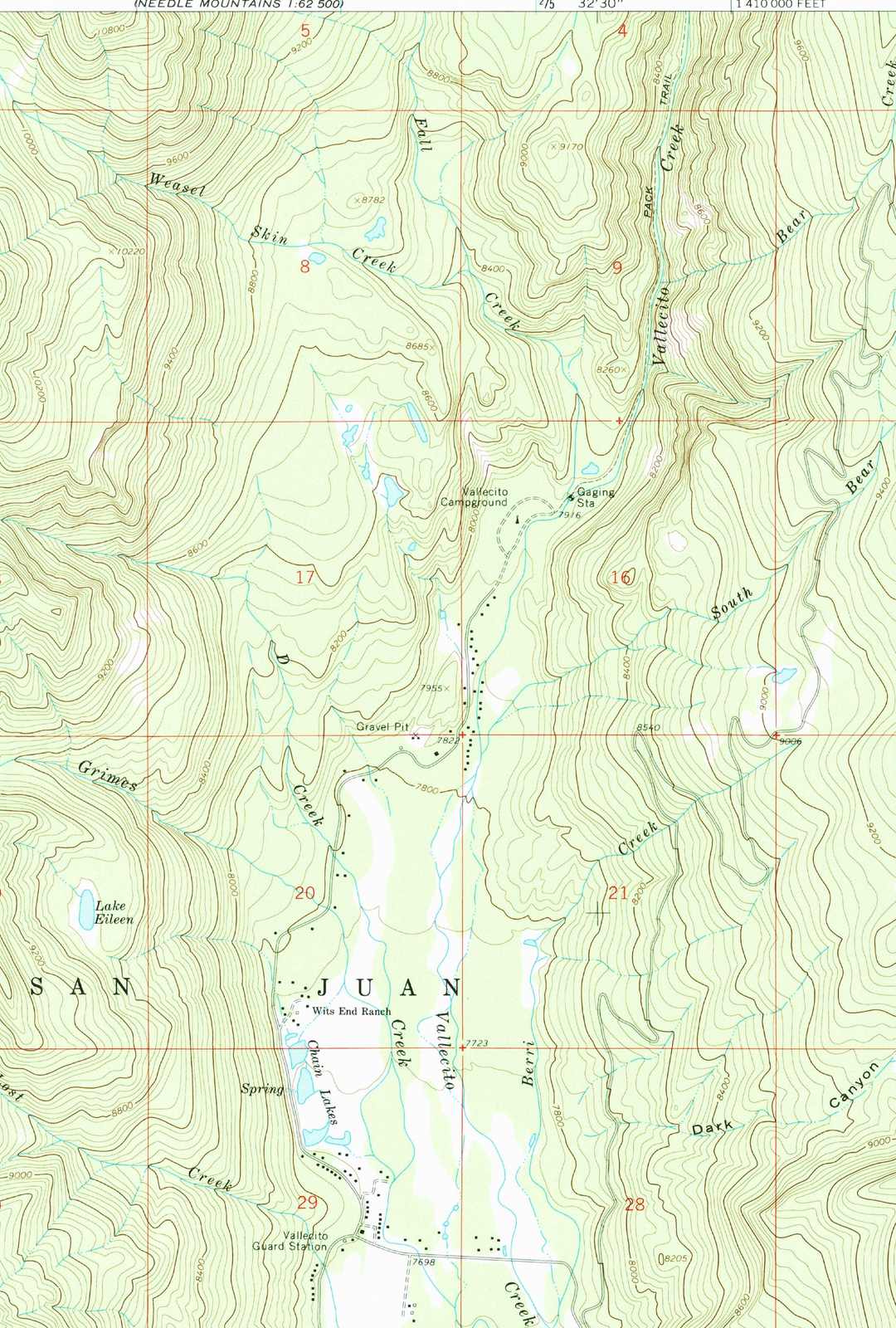 The NE corner of the 1964 USGS Vallecito Reservoir topographic quadrangle — the upper Vallecito Creek inlet, the campground, and Weasel Skin Creek at the foot of the Middle Mountain country
