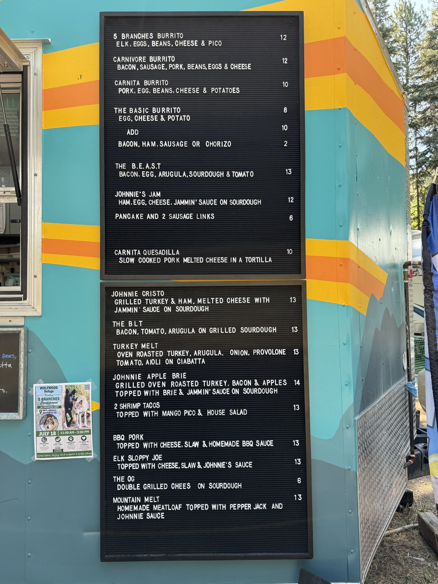 Johnnie's Mobile Kitchen menu board