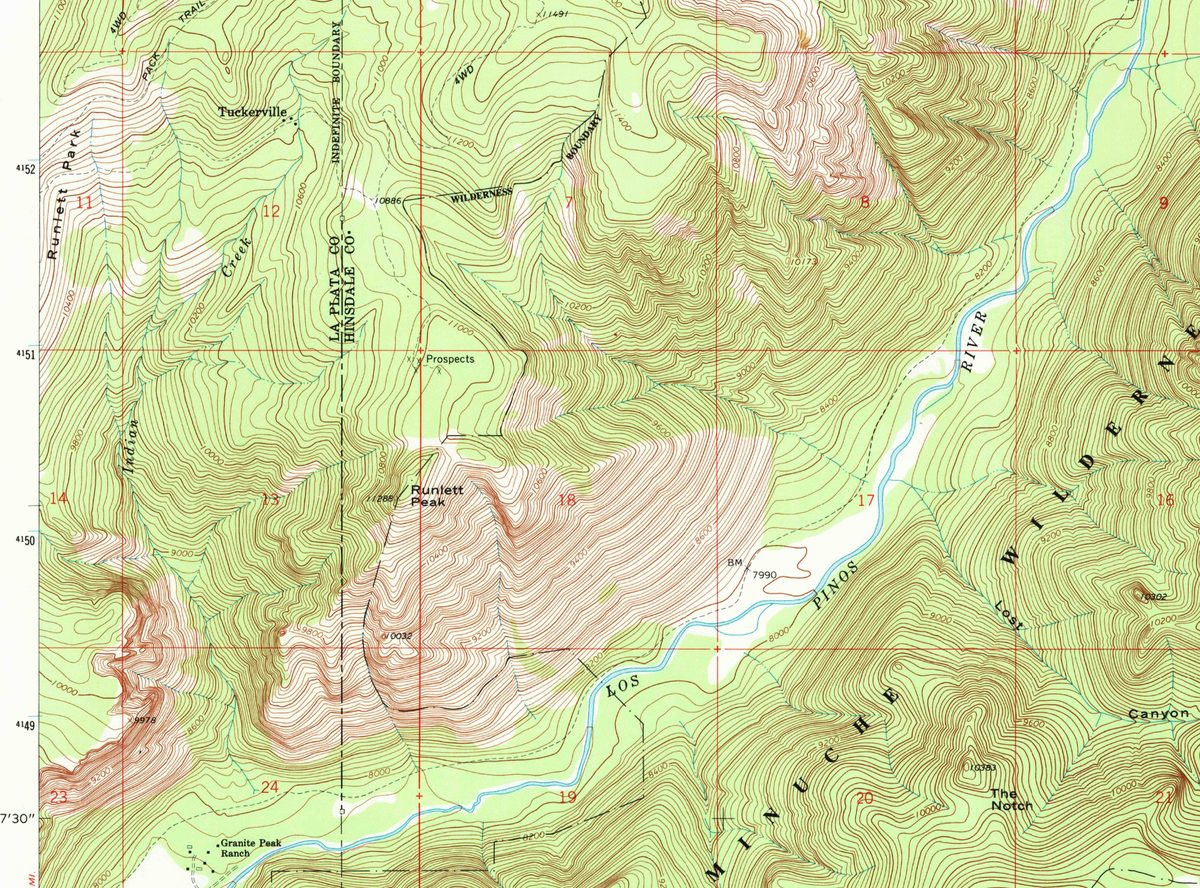 A crop of the 1964 USGS Granite Peak 7.5-minute topographic quadrangle, showing the labeled site of Tuckerville and Runlett Peak in the high country above the Pine River