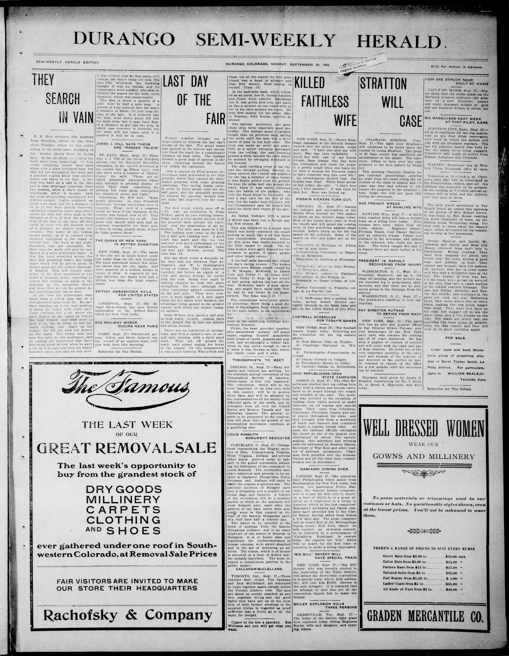 Front page of the Durango Semi-Weekly Herald, September 29, 1902, with county-fair race coverage