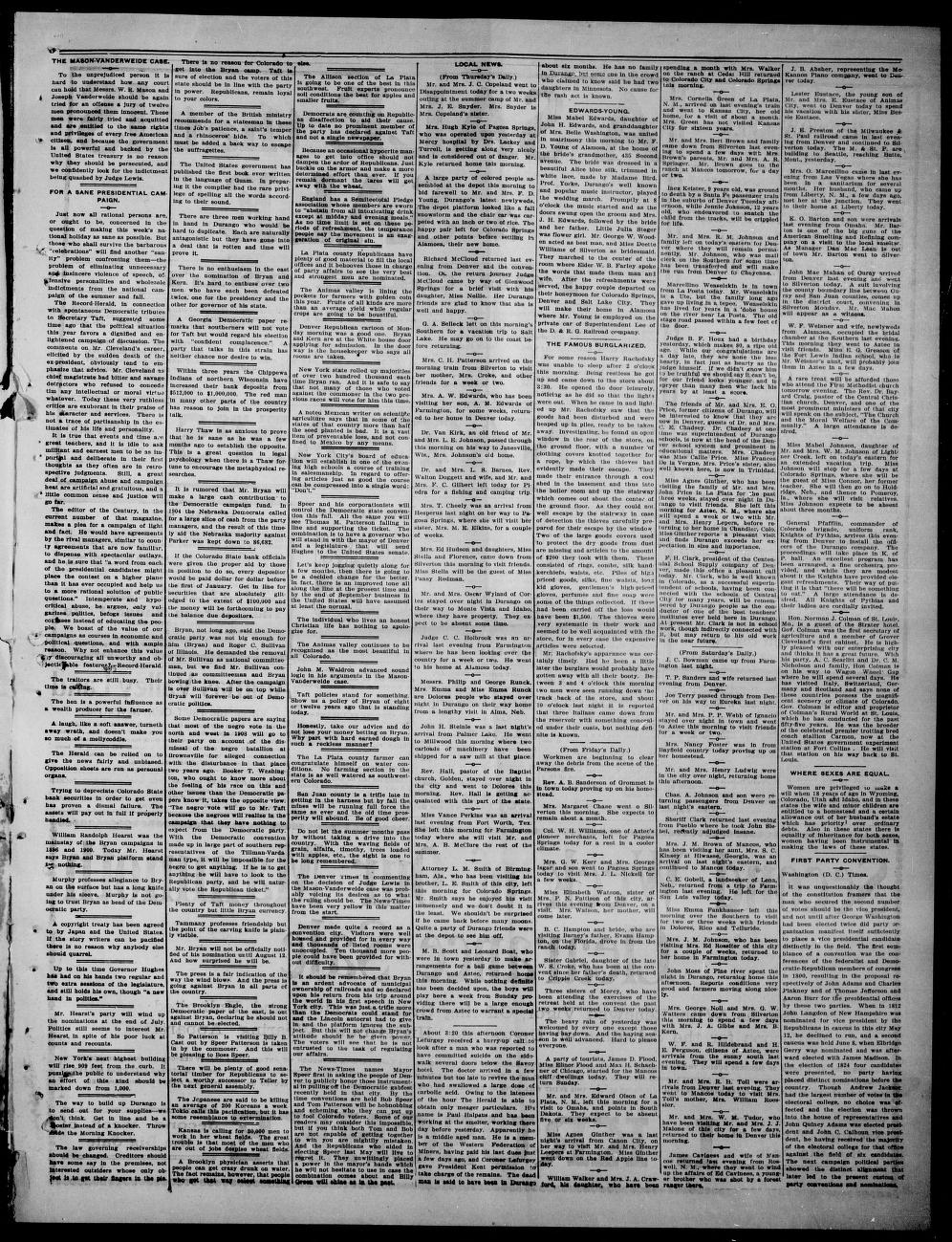 Page 3 of the Durango Semi-Weekly Herald, July 20, 1908, carrying the item about Weaselskin's adobe house at La Posta