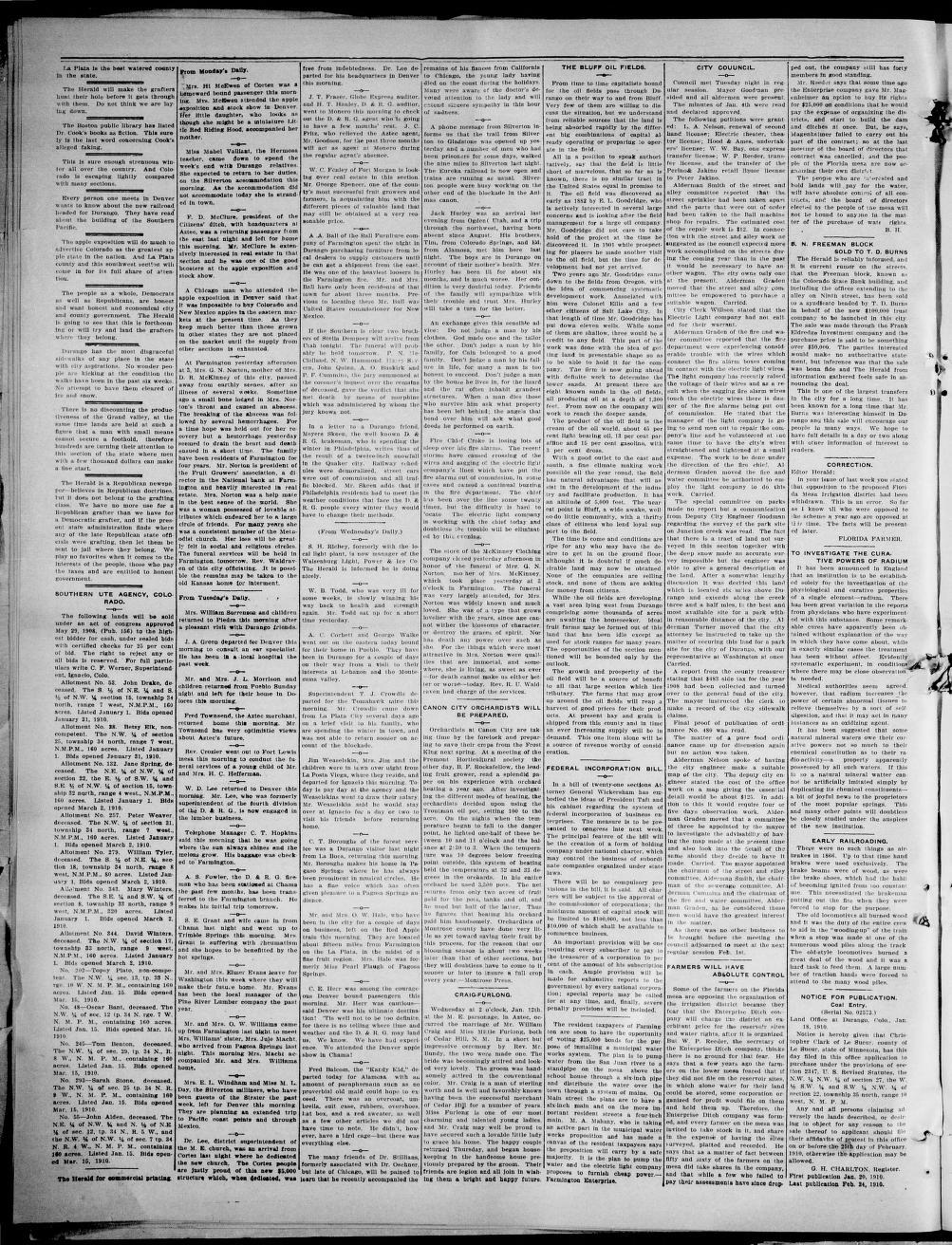 Page 4 of the Durango Semi-Weekly Herald, January 20, 1910, with the Weaselskin family item and Southern Ute Agency allotment notices